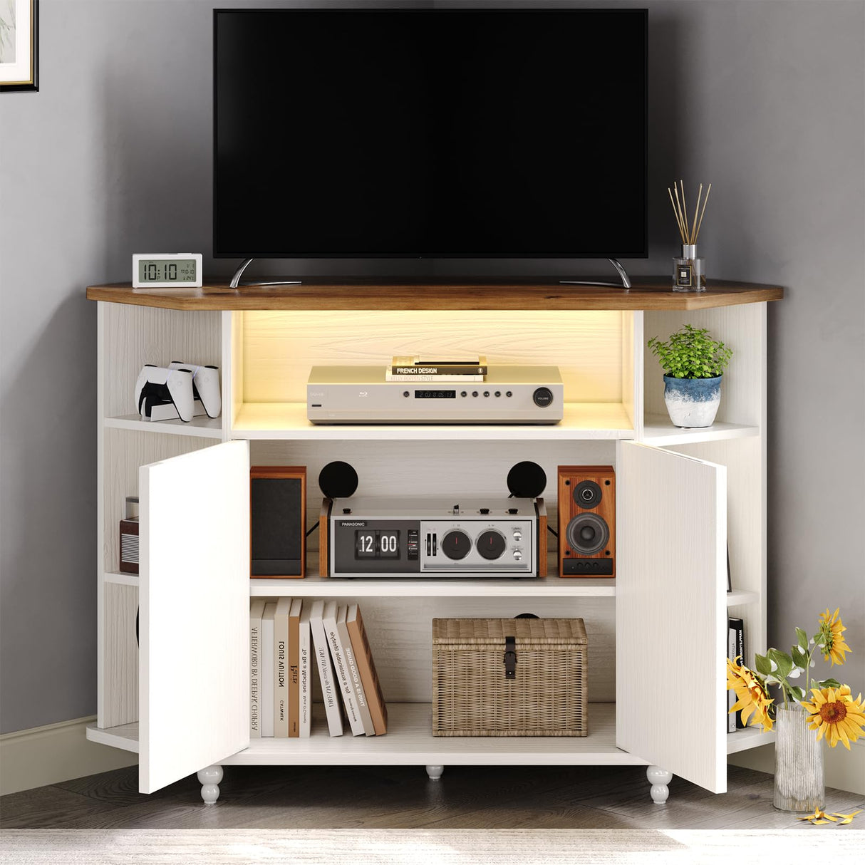 4 EVER WINNER Corner TV Stand for 55 Inch with LED Lights, Farmhouse Corner TV Cabinet with Adjustable Shelves, Corner Entertainment Center with Barn Doors for Living Room, White 4 EVER WINNER