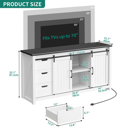 YITAHOME TV Stand for 65 Inch Television, Farmhouse TV Cabinet with Power Outlet & 6 Drawers, Rustic Entertainment Center TV Media Console Table with Storage and Sliding Barn Doors, White/Black, 59''
