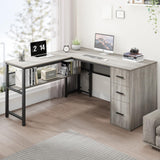 LVB Reversible Gray L Shaped Corner Desk, Farmhouse Wood Computer Desk with File Drawers Cabinets, Large Work Study Executive Home Office Desk with Storage Shelves for Bedroom, Light Grey Oak, 59 Inch LVB