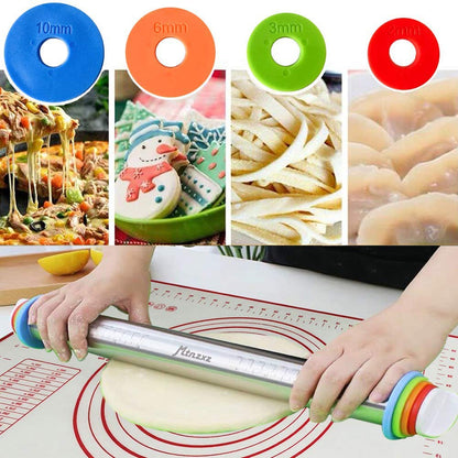 Rolling Pin and Silicone Baking Pastry Mat Set, Stainless Steel Dough Roller with Adjustable Thickness Rings, for Pizza, Pie, Pastries, Pasta, Cookies