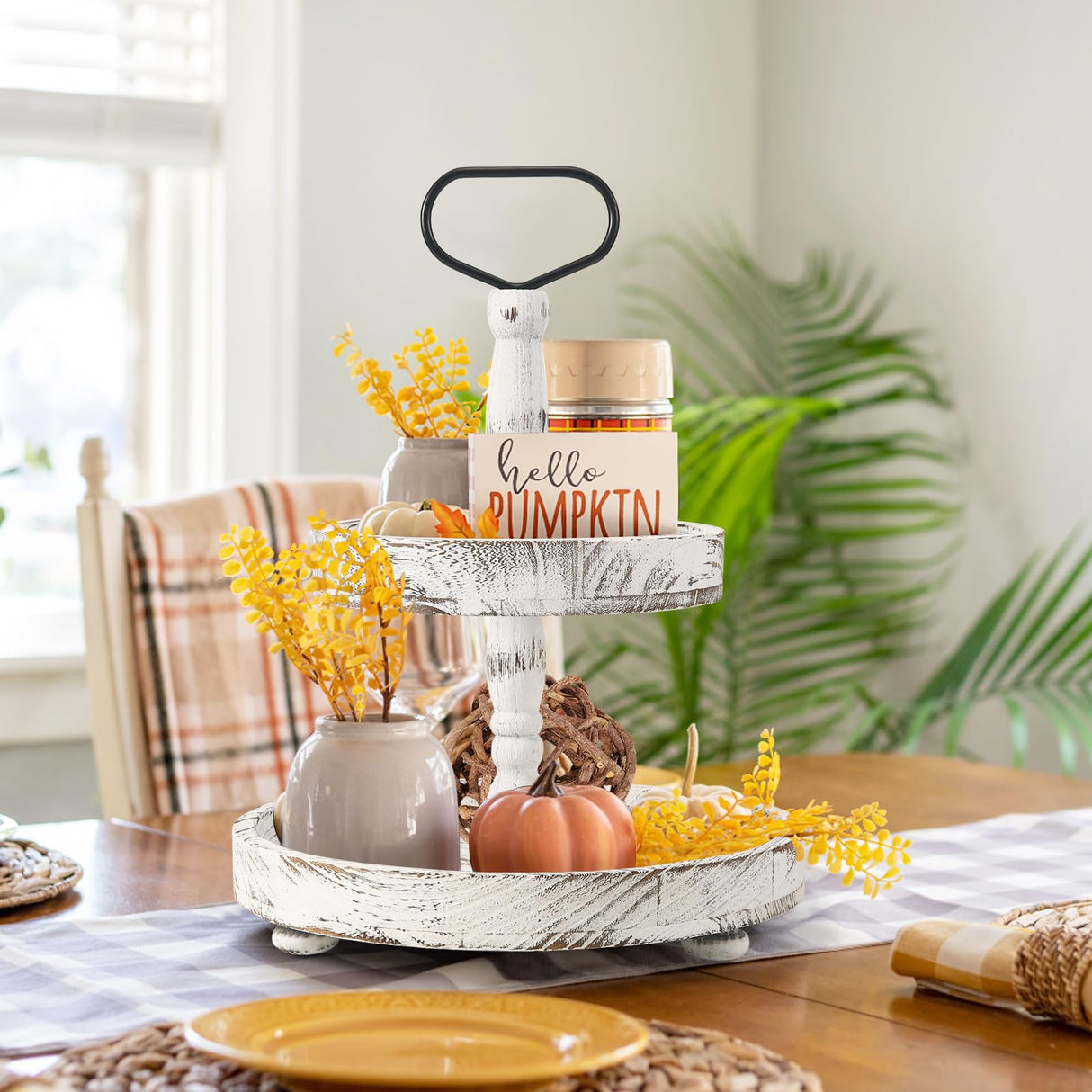 ASMPCUE 2 Tiered Tray Stand, Farmhouse Tiered Tray Stand with Metal Handle for Home Kitchen Decor, Wooden Rustic Two Tiered Serving Tray Coffee Table Tray for Holiday, Tray ONLY(Distressed White) ASMPCUE