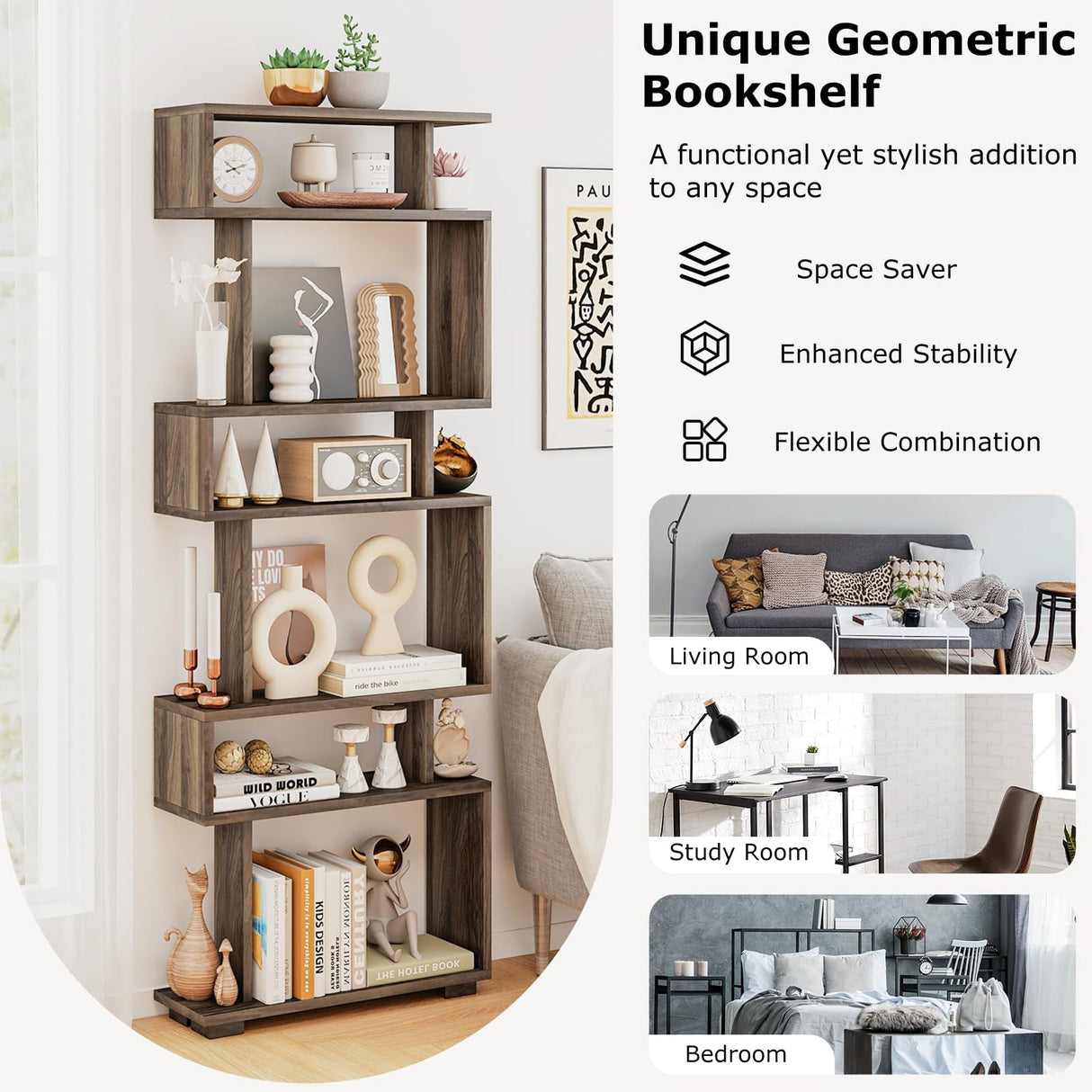 Tangkula 6-Tier S Shaped Bookcase, 64" Tall Modern Geometric Bookshelf with Anti-Tipping Kit, Home Office Freestanding Decorative Storage Display Shelf Room Divider for Living Room Study (1, Walnut) Tangkula