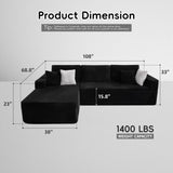 Opiesit 108" Boneless Couches for Living Room, Modular Sectional Sofa with Oversized Chaise, L-Shape Cloud Couch with Deep Seat, High-Density Memory Foam, No Assembly Required, Plush Corduroy Black Opiesit
