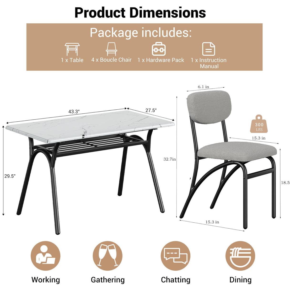 GarveeHome 5-Piece Dining Table Set for 4, Modern Kitchen Table with 4 Boucle Chairs, Rectangular Dining Table with Storage Shelf & Marble Tabletop, Beige Home Dining Furniture for Small Space GarveeHome