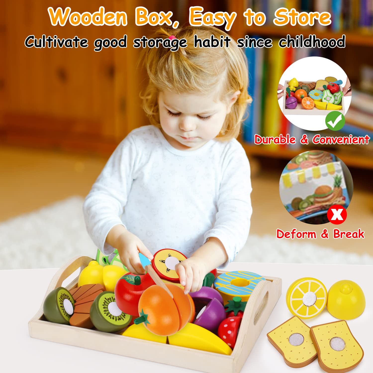 Wooden Pretend Play Food Sets Cutting Toys for Kids Kitchen Accessories Playset Montessori Toys with Toy Knife Velcro Fruit Board Learning Educational Fine Motor Skills Toddler Toys Birthday  - WoodArtSupply