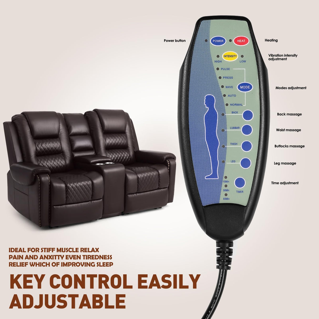 Large Massage Recliner Loveseat with Lumbar Heating, PU Leather Reclining Sofa Chairs, Ergonomic Living Room Chairs with Cup Holders and Remote Control, Brown COSVALVE