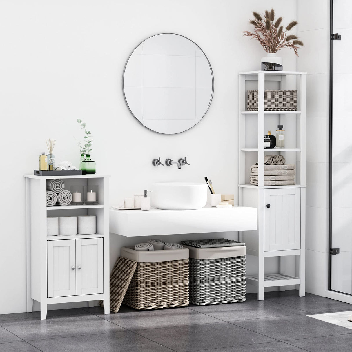 HOMCOM White Freestanding Tall Bathroom Storage Cabinet with Shelves HOMCOM