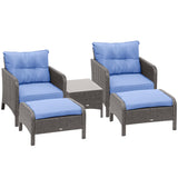 Outsunny 5 Pieces Rattan Wicker Lounge Chair Outdoor Patio Conversation Set with 2 Cushioned Chairs, 2 Ottomans and Tempered Glass Top Coffee Table, Blue Outsunny