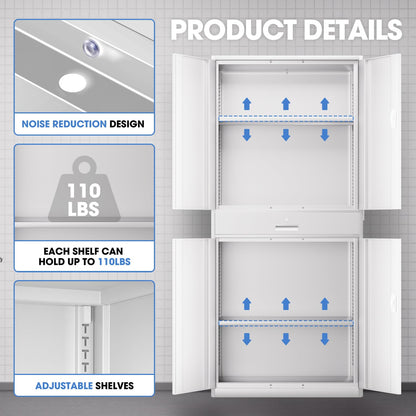 DNA MOTORING Metal Storage Cabinet, 71'' Rolling Garage Cabinet with 1 Drawer and Adjustable Shelves, Lockable Cabinet Heavy Duty Utility Cabinet for Garage,Office,Home,Gym, White, TOOLS-00629-WH-WH