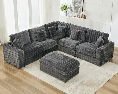 115" Oversized Modular Sectional Sofa with Ottoman Convertible Plush Faux Fur Large U-Shape Couch Sofa 5 Seater with 6 Pillows for Living Room,Bedroom,for Big Man 35.83" Seat Width,Grey