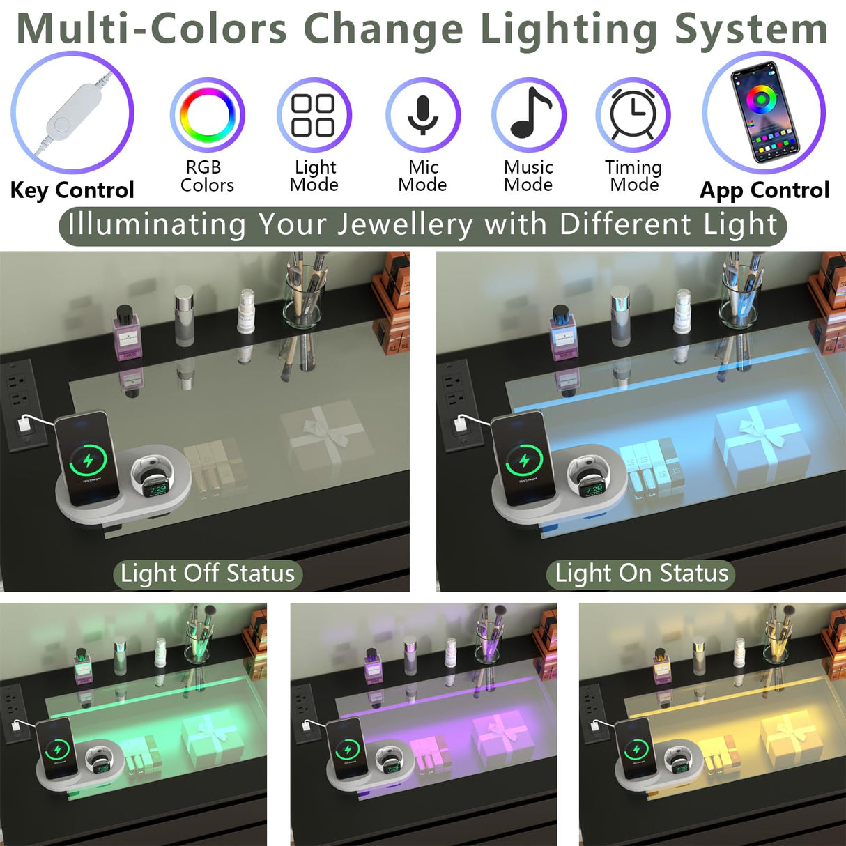 Gyfimoie 8 Drawer Dresser with Power Outlet, White Dresser for Bedroom Chest of Drawer with Glass Top & LED Light, Modern Double Wide Drawer Organizer Cabinet for Living Room (Black) Gyfimoie