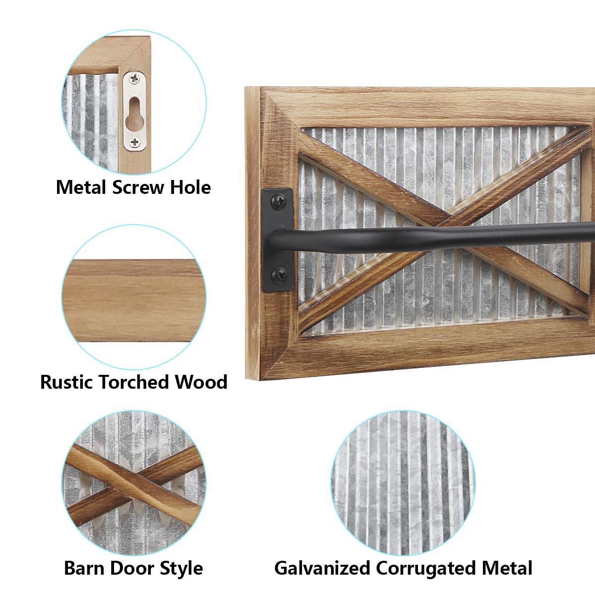 Rustic Bathroom Towel Rack, Butizone Wall Mounted Towel Bar Holder with Weathered Wood and Corrugated Galvanized Metal, Farmhouse Rack for Hanging Towel (Towels are not Included)