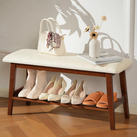 oakvivo Entryway Shoe Bench, 35.4" Bamboo Bench for Bedroom End of Bed, 2-Tier Shoe Rack with Cushion Padded Seat, Shoe Organizer Stable for Entry Hallway Living Room Bedroom, 35.4"W x11.2"D x 17.7"H oakvivo