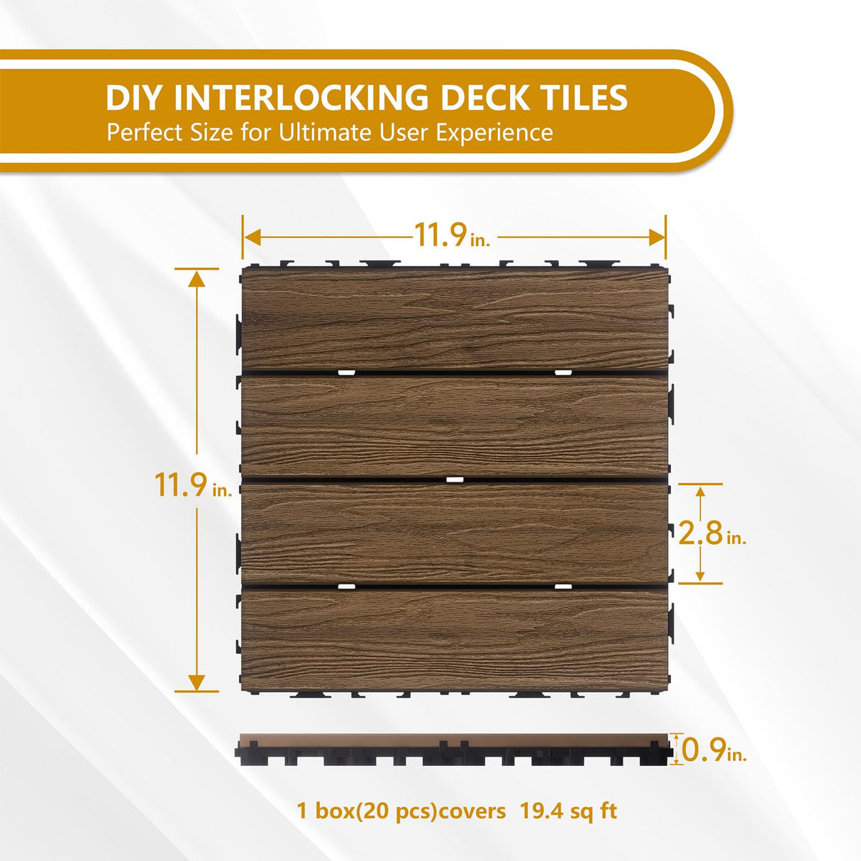 Feilingwood Composite Wood Patio Deck Tiles-12" x 12" Composite Deck Tiles 20 PCS, All Weather Waterproof Outdoor Interlocking Flooring Tile for Balcony, Backyard, Porch (Golden Teak) feilingwood