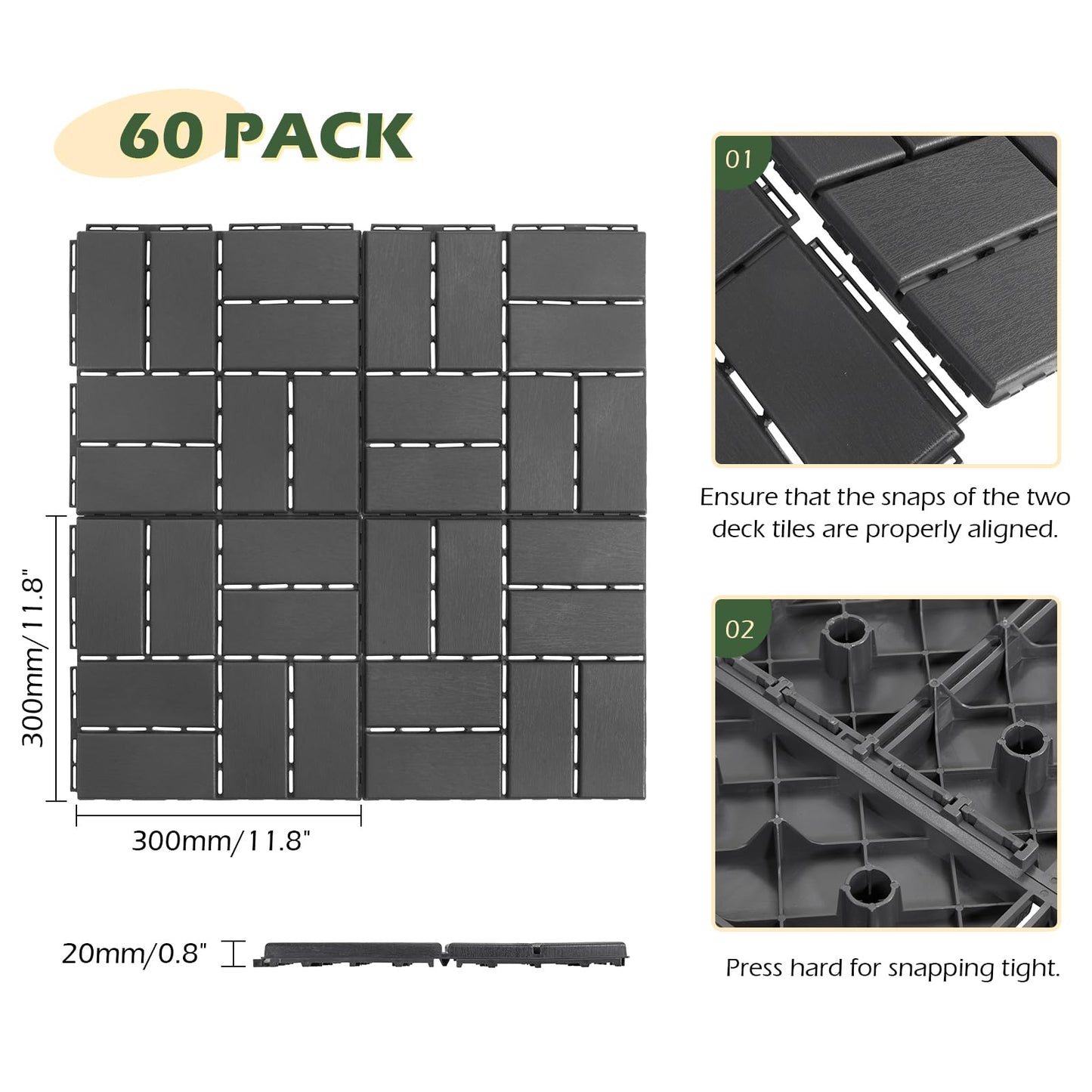 Dyna-Living 60 sq. ft Plastic Interlocking Deck Tiles, 12"x12" Indoor Outdoor Waterproof Patio Flooring All Weather Use Patio Deck Tiles for Balcony, Backyard, Garden & Poolside, 60 Pack,Dark Grey