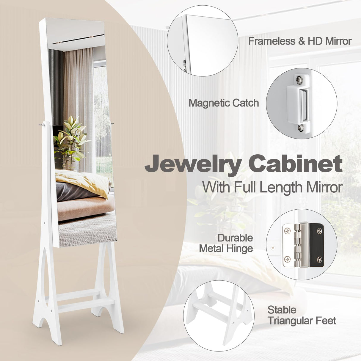 Giantex 12 LED Jewelry Armoire Cabinet with Frameless Full-length Mirror, Standing Jewelry Cabinet Organizer with 16 Lipstick Holders, Large Storage Capacity, 3 Angles Adjustable (White) Giantex