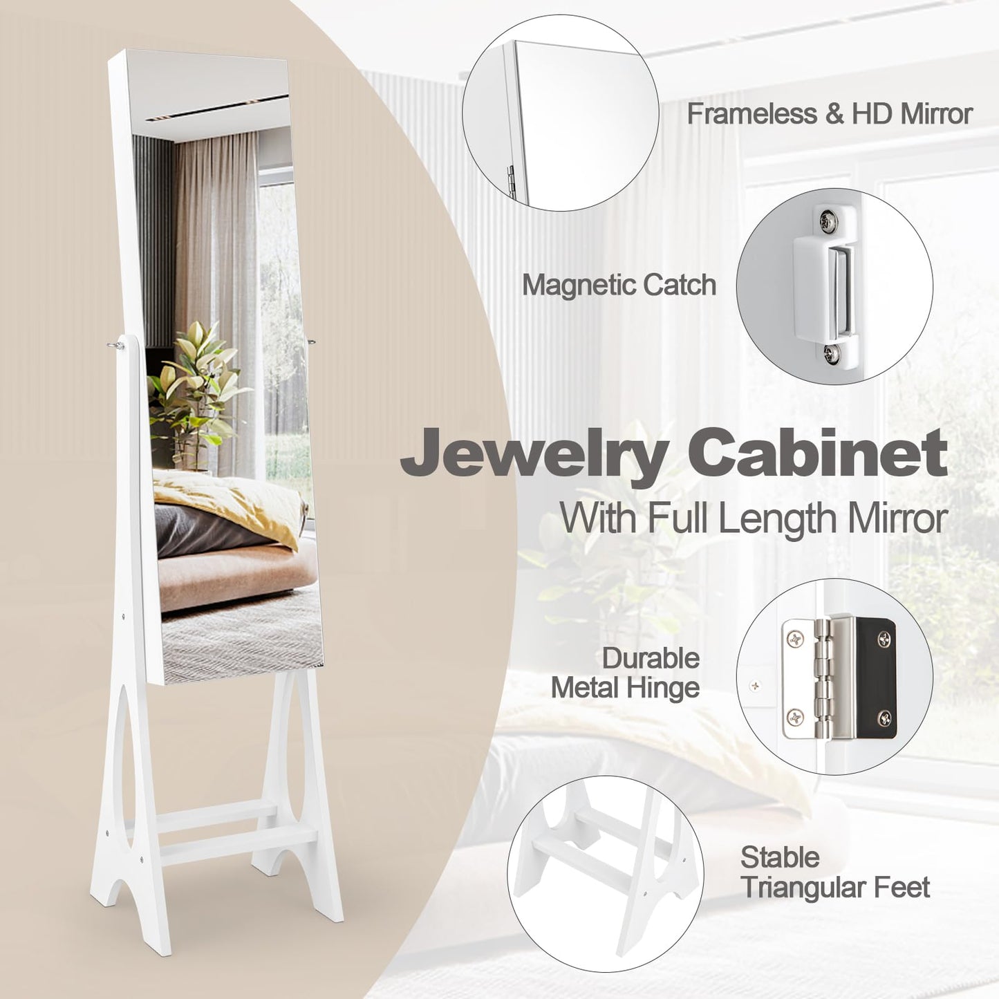 Giantex 12 LED Jewelry Armoire Cabinet with Frameless Full-length Mirror, Standing Jewelry Cabinet Organizer with 16 Lipstick Holders, Large Storage Capacity, 3 Angles Adjustable (White) - WoodArtSupply