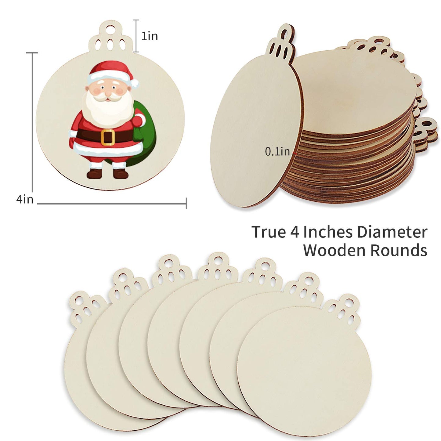 Fuyit 100Pcs 4 Inch Wooden Christmas Ornaments Unfinished Predrilled Wood Slices with Holes, Uniform Wood Round Circles Blank Discs for DIY Crafts Party Decorations