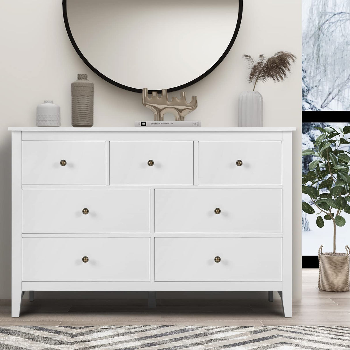 Vikiullf White Dresser - 47 in Modern Dresser for Bedroom, Wooden 7 Drawer Dresser, Storage Cabinet for Bedroom, Living Room, Hallway, Entryway Vikiullf