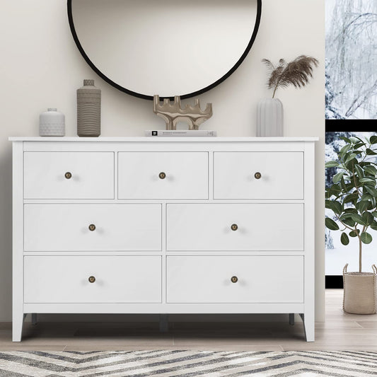 Vikiullf White Dresser - 47 in Modern Dresser for Bedroom, Wooden 7 Drawer Dresser, Storage Cabinet for Bedroom, Living Room, Hallway, Entryway