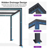 PURPLE LEAF 11' x 15' Adjustable Louvered Pergola with Drainage System Aluminum Outdoor Pergola with White Sun Shade Roof Hardtop Gazebo Metal Patio for Deck Backyard Garden PURPLE LEAF