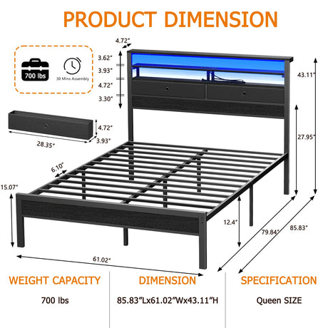 Furnulem Queen Bed Frame with Headboard & 2 Fabric Drawers, Bed Frame Queen Size Featuring LED Lights, Built-in Charging Station & Storage Shelves, Metal Slats, No Box Spring Needed – Black Oak Furnulem