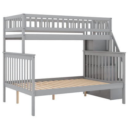 Harper & Bright Designs Twin Over Full Bunk Beds with Stairs, Wood Bunk Bed with Storage and Guard Rails,Bunk Beds Twin Over Full Size for Kids, Bedroom, Dorm, Teens, Adults, Grey