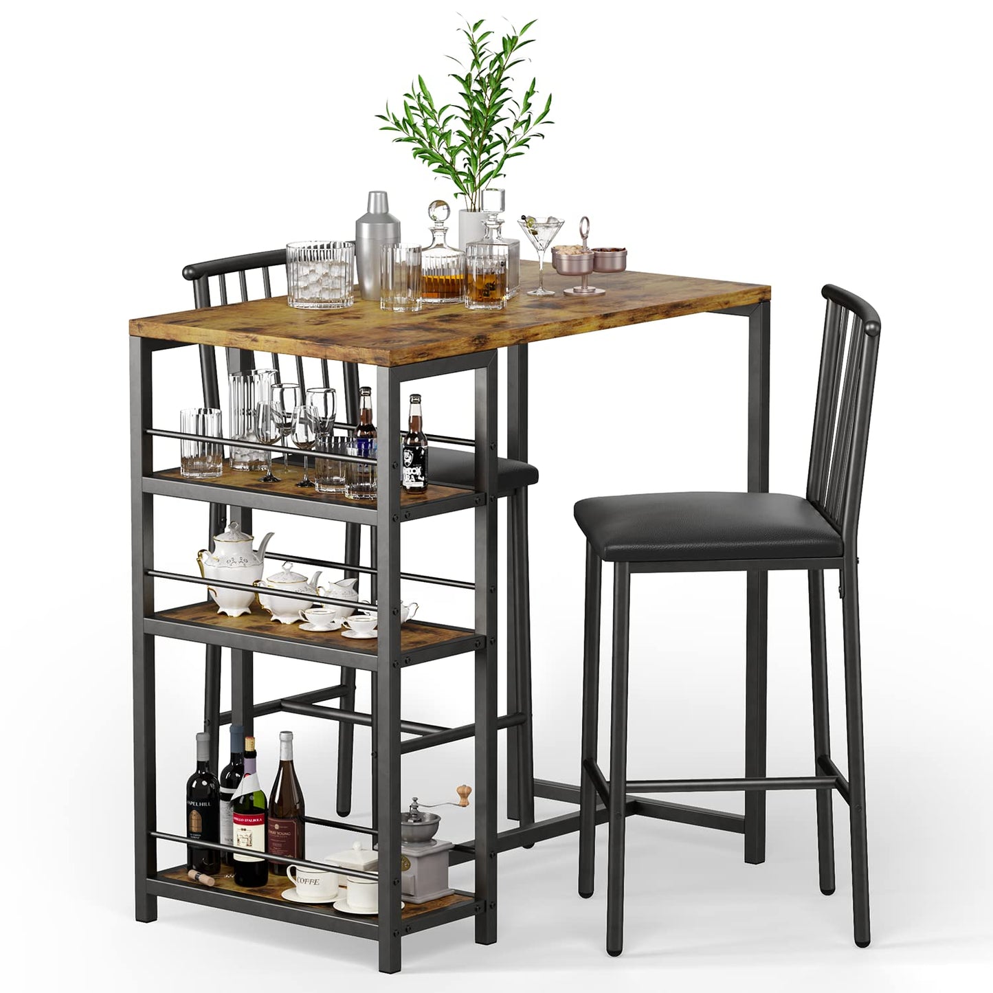 Gizoon Retro Dining Table Set for 2 with 3 Storage Shelves and PU Cushion Chairs - WoodArtSupply