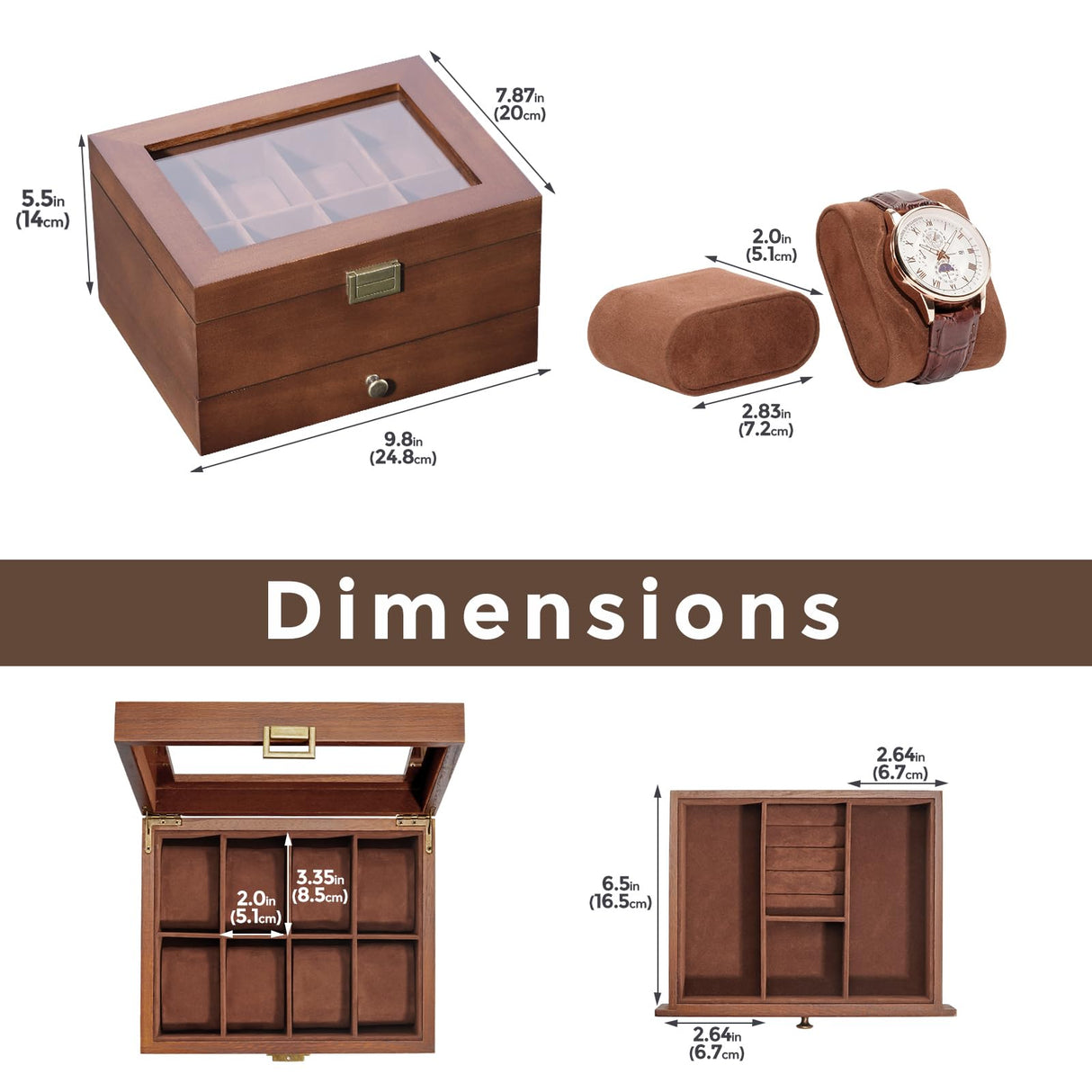ProCase Wooden Watch Case for Men, 8 Slot Mens Watch Box With Drawer, 2-Layer Watch Display Case, 8 Watch Holder Organizer, Jewelry and Watch Storage Organizer for Men Women -8 Slot, Brown ProCase