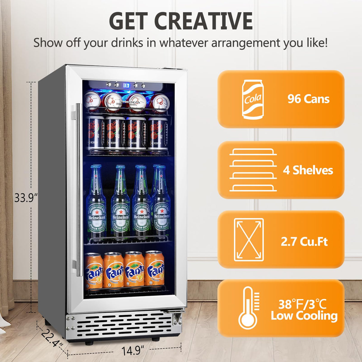 Beverage Refrigerator, Phiestina15 Inch 96 Cans Beverage Cooler Small Wine Fridge Built-in or Freestanding with Auto Defrost,Glass Door & Removable Shelves for Drink Sodas Beer Wine Phiestina