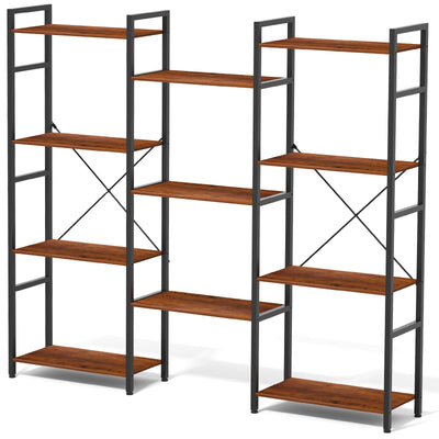 Zhitians Triple 4 Tier Bookshelf, Tall Book Shelf with 11 Open Display Shelves, Adjustable Industrial Bookcase in Living Room, Bedroom, Wide Metal Bookshelf Book Case for Home & Office, Rustic Brown