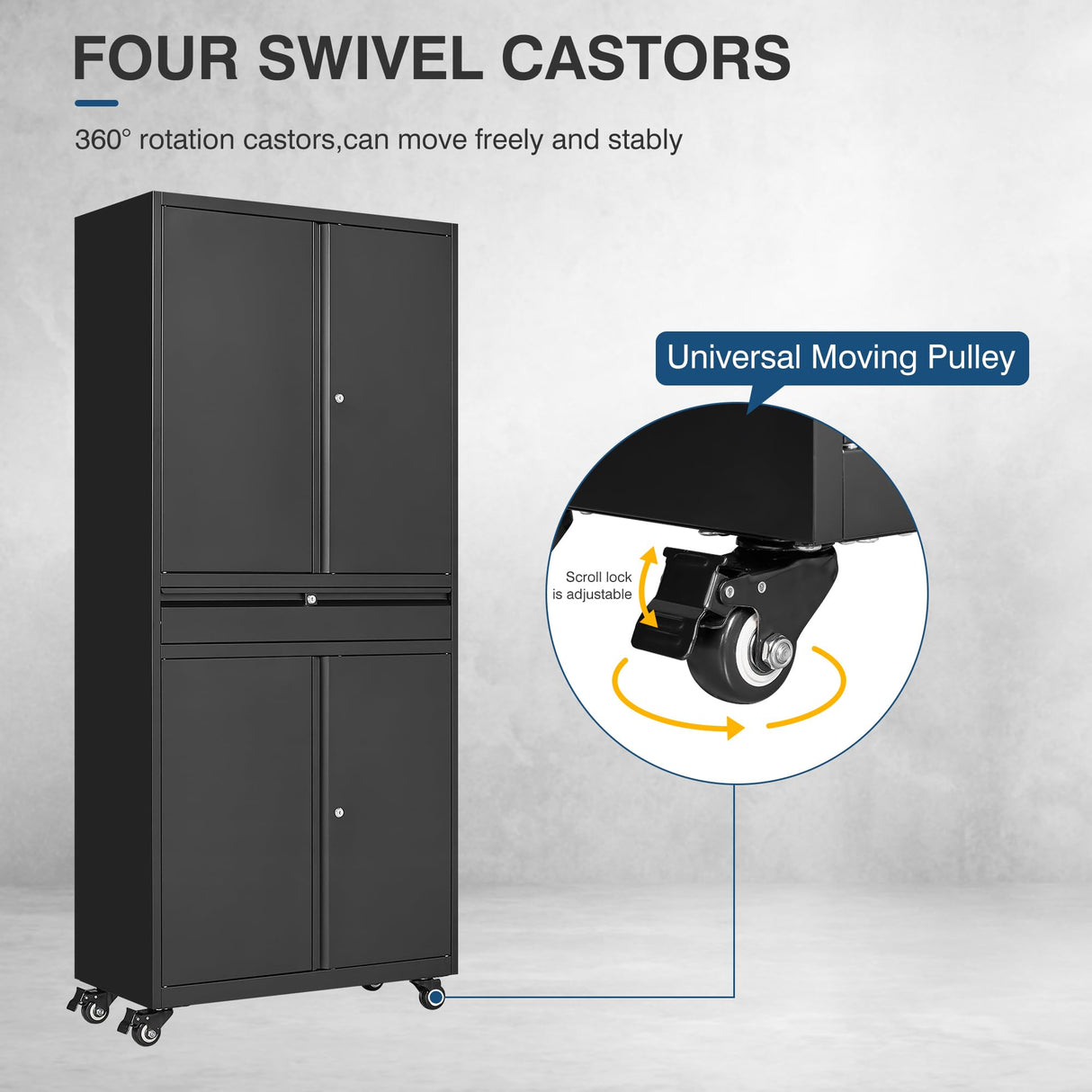 AFAIF Black Metal Storage Cabinet with Wheels, 73" Tall Garage Rolling Storage Cabinet with Doors and Shelves, Lockable Tool Cabinet Steel Locking Cabinets for Home Office, Garage, Pantry AFAIF