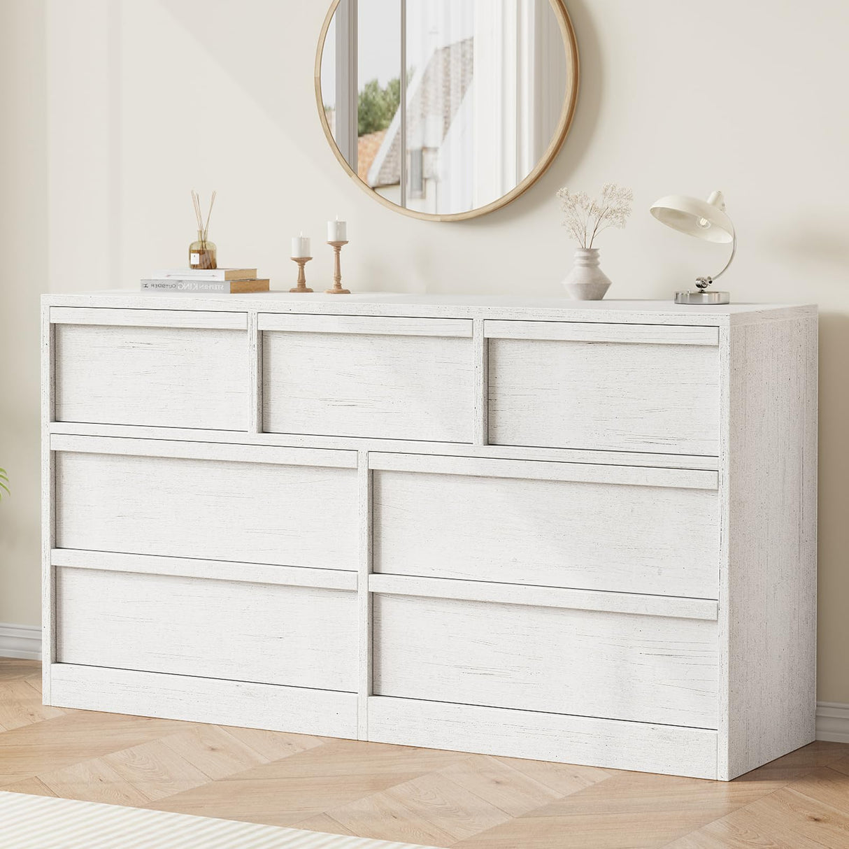 GarveeHome 7 Drawer Dresser for Bedroom, Antique White 7 Chest of Drawers with Large Storage Space, Wooden Dresser Organizer for Living Room, Nursery, Entryway GarveeHome