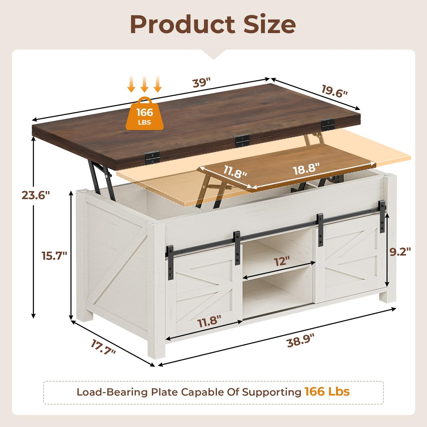 UPOSOJA Lift Top Coffee Table for Living Room with 4 Sliding Barn Doors, 4 in 1 Farmhouse Coffee Table with Adjustable Shelves and Hidden Storage Compartment, Converts to Dining Table (Brown  - WoodArtSupply