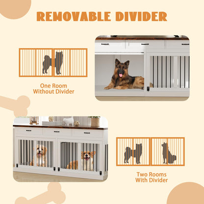 71 inches Extra Large Dog Crate Furniture for 2 Dogs Indoor Wooden Dog Kennel Furniture Large Breed Heavy Duty Dog Crates TV Stand with Removable Divider White