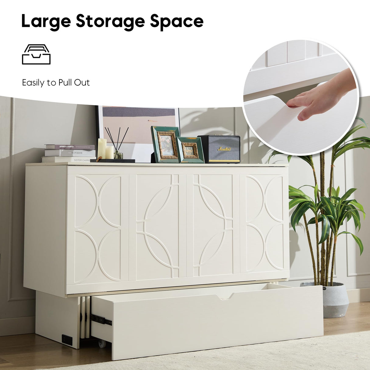 VYNELITO Queen Murphy Bed with Charging Station & Drawer, Wood Murphy Cabinet Bed Frame with Tri-Folding Mattress, Space-Saving Guest Folding Bed for Bedroom Living Room Office Guestroom-White VYNELITO