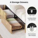 AOGLLATI Full Size Bed Frame with 4 Storage Drawers and 2-Tier Bookcase Hidden Headboard, Rattan Led Bed Frame Full Size with Charging Station, No Box Spring Needed, Wood AOGLLATI