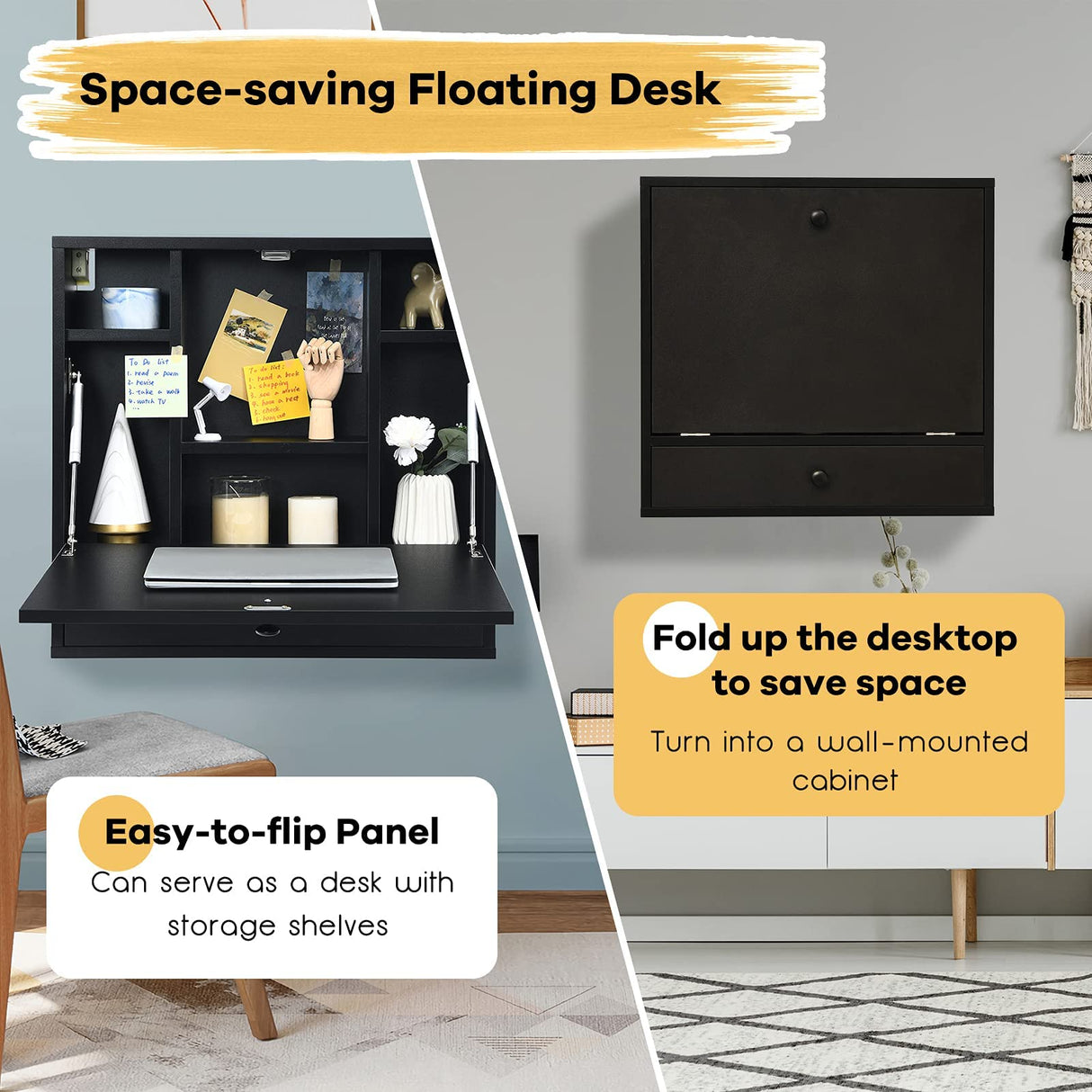 IFANNY Wall Mounted Desk, Wall Computer Desk w/Storage Drawer & Shelves, Compact Floating Desk for Wall, Space Saving Wall Desk Fold Down, Wall Desks for Small Spaces (Black) IFANNY