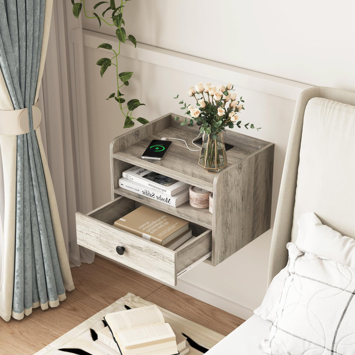 Grey Floating Nightstand Set of 2 with Charging Station and Drawer Small Bedside End Table with Outlet Modern Floating Night Stand for Bedroom Wood Wall Mounted Nightstands Set 2 Grey HOSEOKA