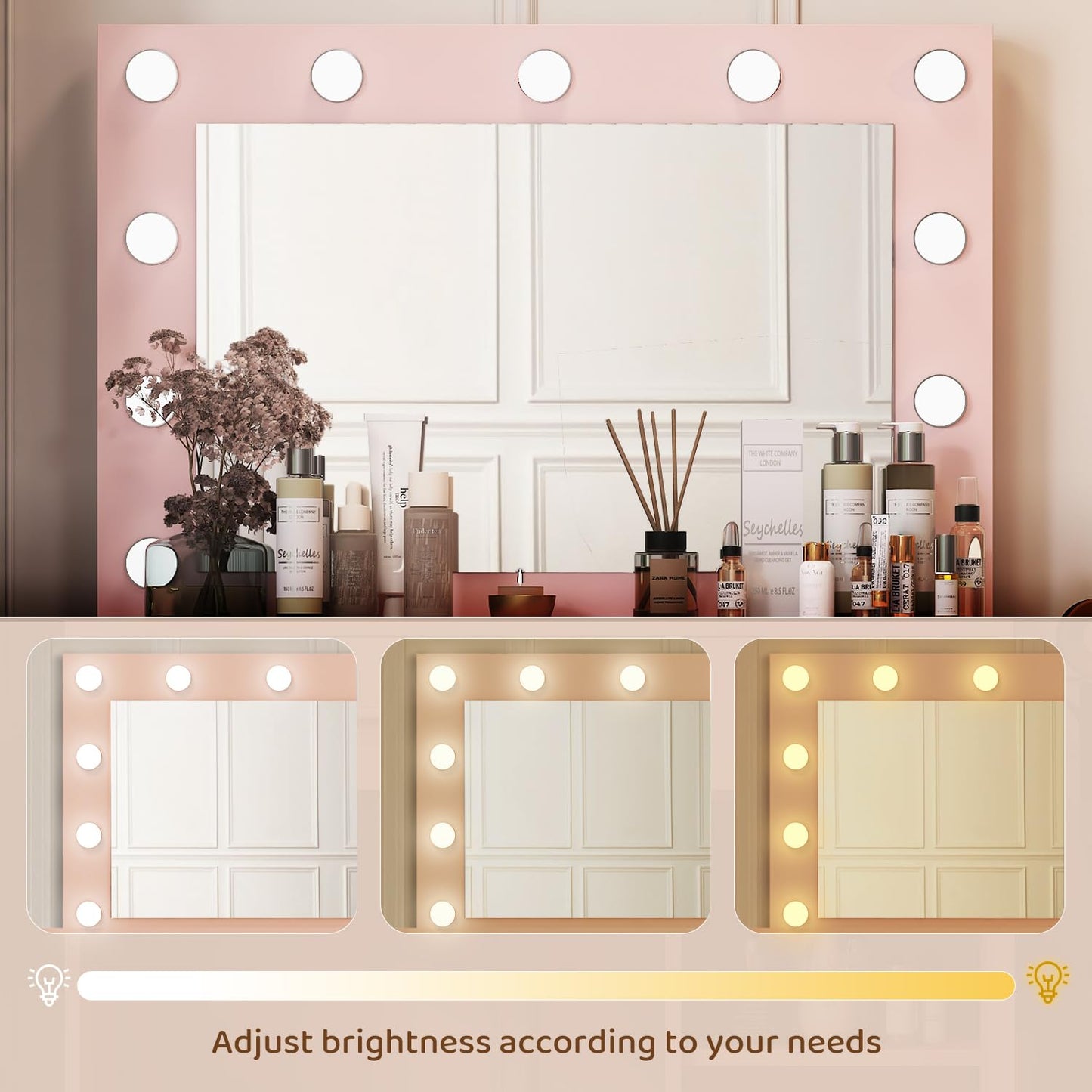 Viaozutis Vanity, Vanity Desk with Mirror, Large Drawer and Power Socket with 11 Light Bulbs and 3 Adjustable Lighting Modes, Vanity Table Ideal for Bedroom (Pink)