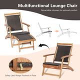HAPPYGRILL Lounge Chair Table Set Outdoor Acacia Wood Lounge Chair with Wicker Side Table Folding Chaise Lounge with Retractable Ottoman for Garden Balcony Poolside HAPPYGRILL