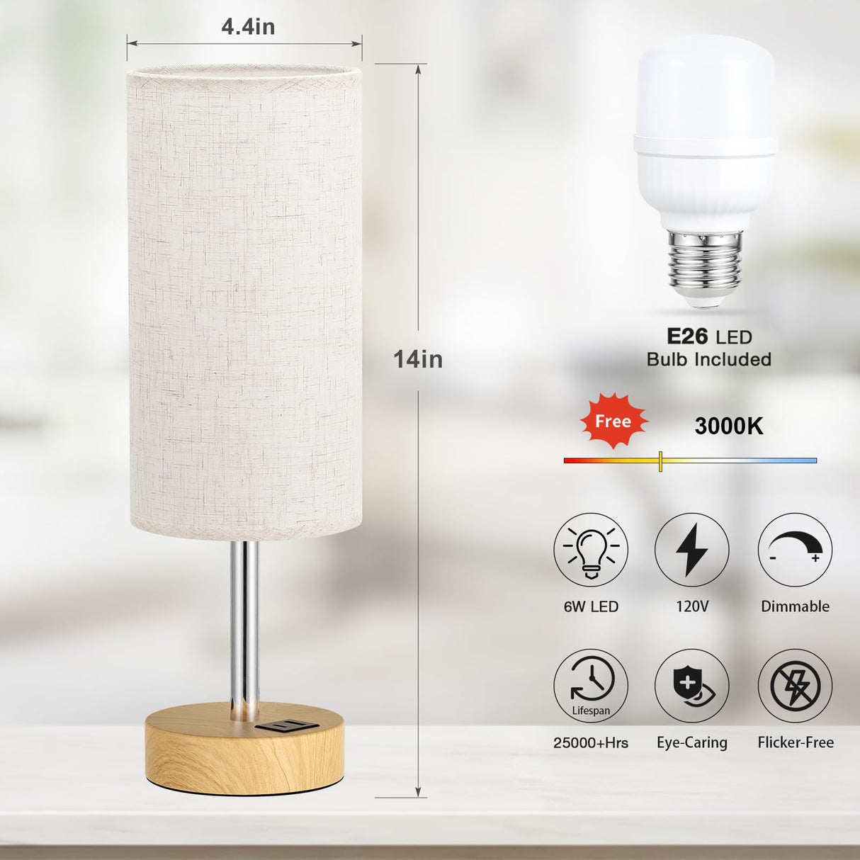 Touch Bedside Table Lamp with USB - 3 Way Dimmable Wood Lamp for Bedroom Nightstand, Desk Lamp with Charging Station for Dorm, Living Room, Office, Kids Room, Nursery, Small Dicoool