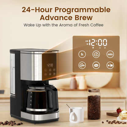 Electactic 10-Cup Drip Coffee Maker, 24-Hour Programmable Coffee Brewer, Touch Screen, Coffee Strength Control, Reusable Filter, Coffee Pot, Energy Saving Auto Shut Off