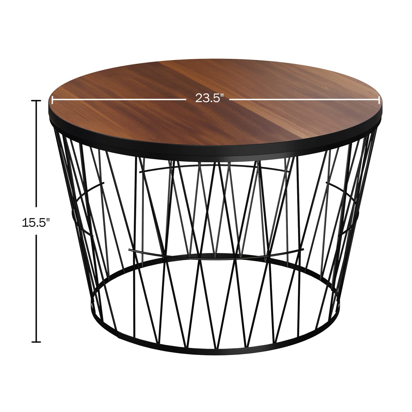 Lavish Home Mid-Century Round Coffee Table with Geometric Metal Base-Small Modern Accent for Living Room, 23.5", Brown Walnut & Black - WoodArtSupply