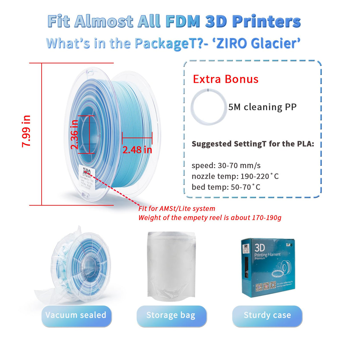 ZIRO Color Change Filament, Matte Multi Colors 3D Printer Filament, Faster Color Change by Length PLA, Dimensional Accuracy +/-0.03mm, 1KG/ 2.2lbs Spool, Fit Most FDM 3D Printer, Glacier ZIRO