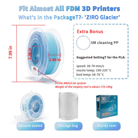 ZIRO Color Change Filament, Matte Multi Colors 3D Printer Filament, Faster Color Change by Length PLA, Dimensional Accuracy +/-0.03mm, 1KG/ 2.2lbs Spool, Fit Most FDM 3D Printer, Glacier ZIRO
