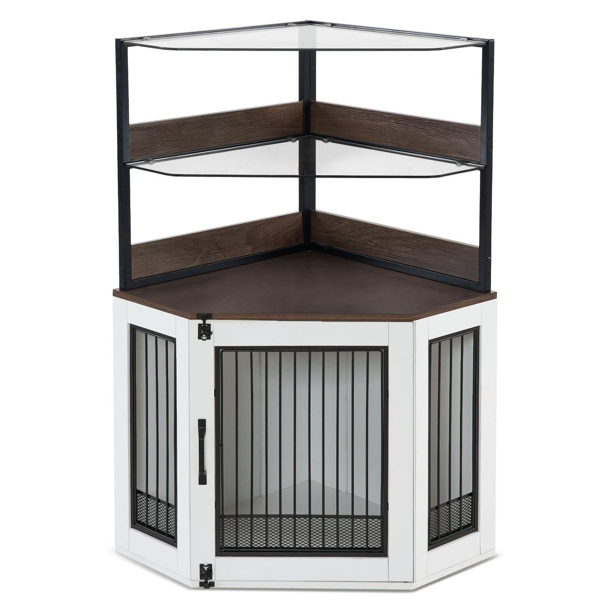 MCombo Small Corner Dog Crate Furniture with Glass Shelves, Wooden Dog Kennel Furniture with Door, Pet Crate Indoor Use, CN17 (White and Brown) MCombo