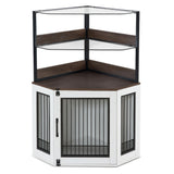 MCombo Small Corner Dog Crate Furniture with Glass Shelves, Wooden Dog Kennel Furniture with Door, Pet Crate Indoor Use, CN17 (White and Brown) MCombo