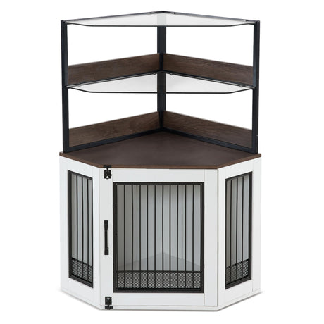 MCombo Small Corner Dog Crate Furniture with Glass Shelves, Wooden Dog Kennel Furniture with Door, Pet Crate Indoor Use, CN17 (White and Brown) MCombo