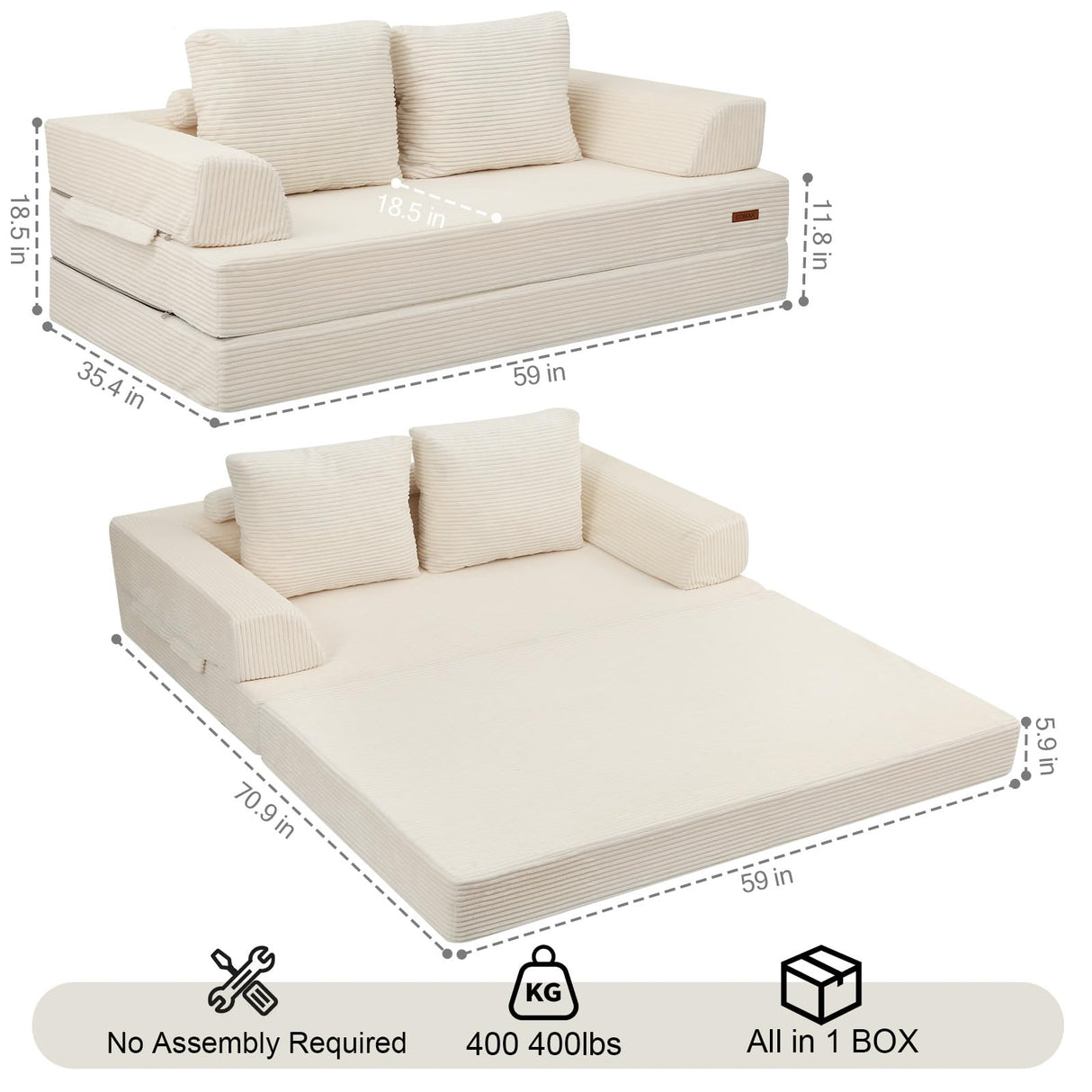 COMAX Convertible Sofa Bed, Folding Floor Couch Corduroy Fold Out Couch Bed Futon Sleeper Mattress with Pillows, Boneless Sofa Comfy Lounge Loveseat for Living Room Bedroom, Beige COMAX